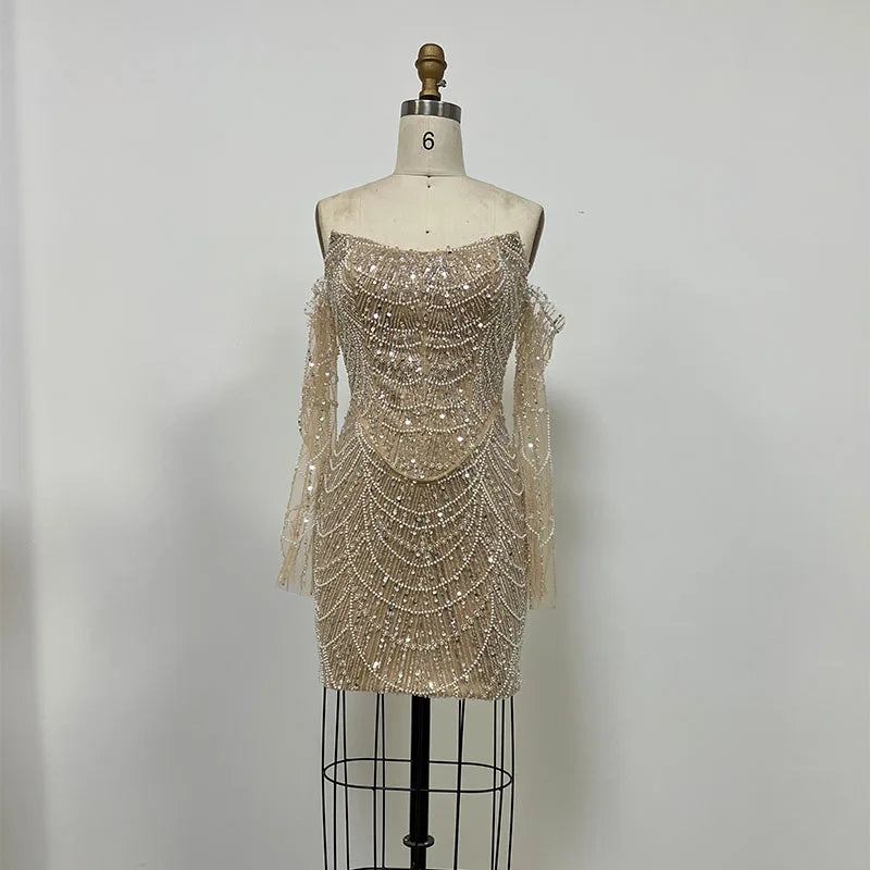 Luxury Dress Women Celebrity Party Wear Long Sleeve Beaded Evening Dresses Gowns