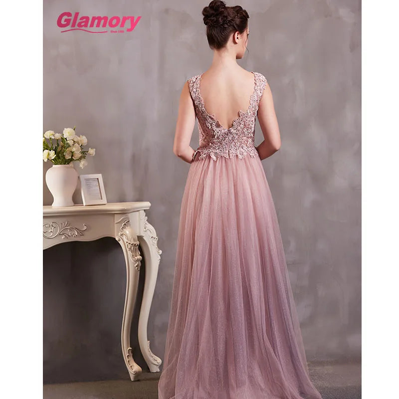 Pink Long for Fat Woman Sexy See Through Lace Appliques Prom V-neck Floor-length Bling Tulle Evening Dress