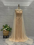 New Design Elegant Golden Mermaid Evening Dress With Wrap Formal Gowns Prom for  Women