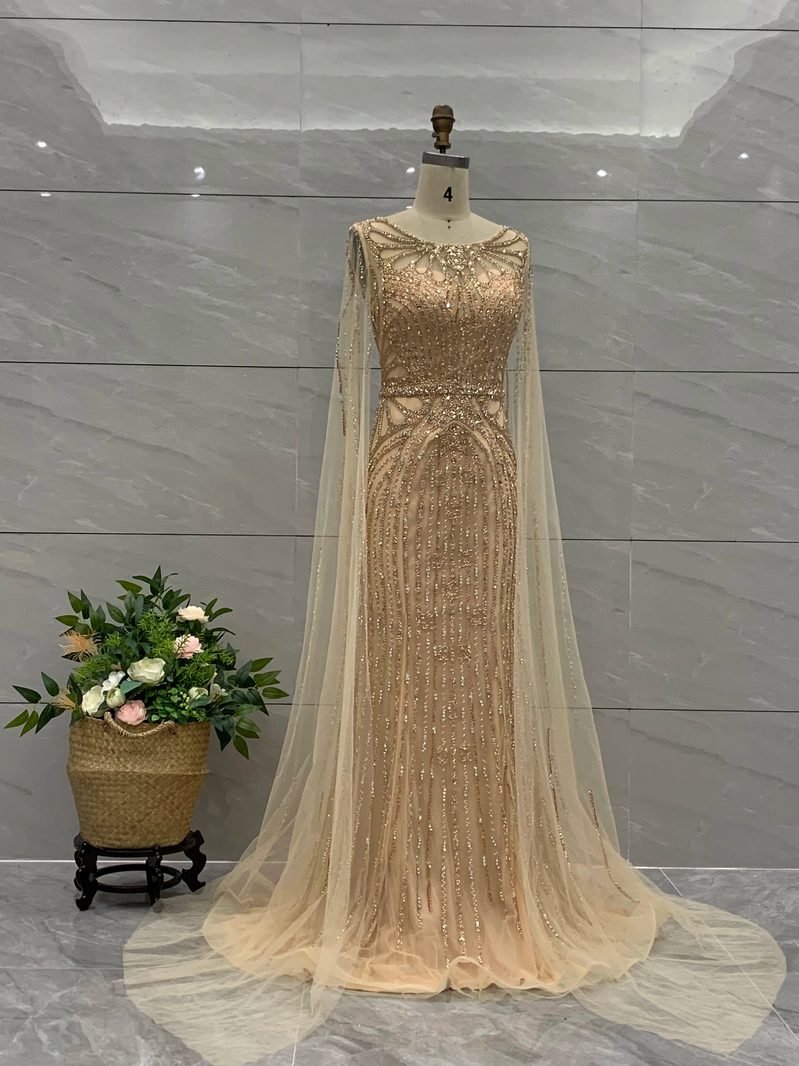 New Design Elegant Golden Mermaid Evening Dress With Wrap Formal Gowns Prom for  Women