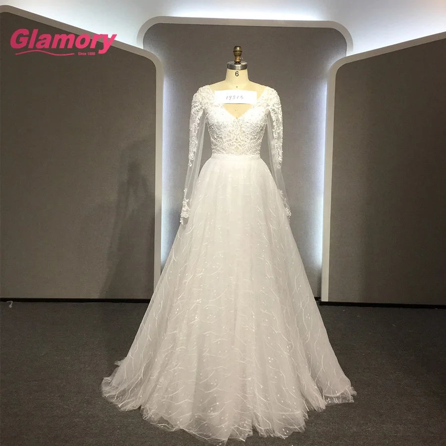2021 New Long Sleeve Wedding Dresses V-Neck Mermaid Beading Gown Appliques Lace Bridal Dress With Detachable Skirt