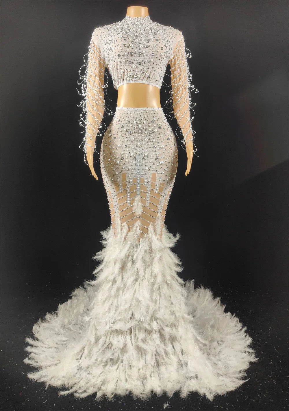 Luxury Pearl Sequins Mermaid Dress Women Ball Gown Wedding Dress Fashion Feather Shining Rhinestone Party Dress