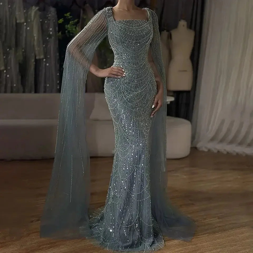 2025 Saudi Arabic Mermaid Evening Dress With Beaded Cape Sleeves for Formal Occasion Customize