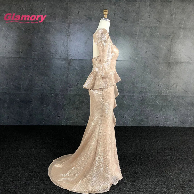 Wholesale Ladies Formal Long Sleeve Mermaid Champagne Prom Dress Sexy Open Leg Prom Dress