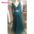 2021 Muslim Luxury Beaded Green V Neck a Line Full Sleeves Evening Party Long Gowns for Women