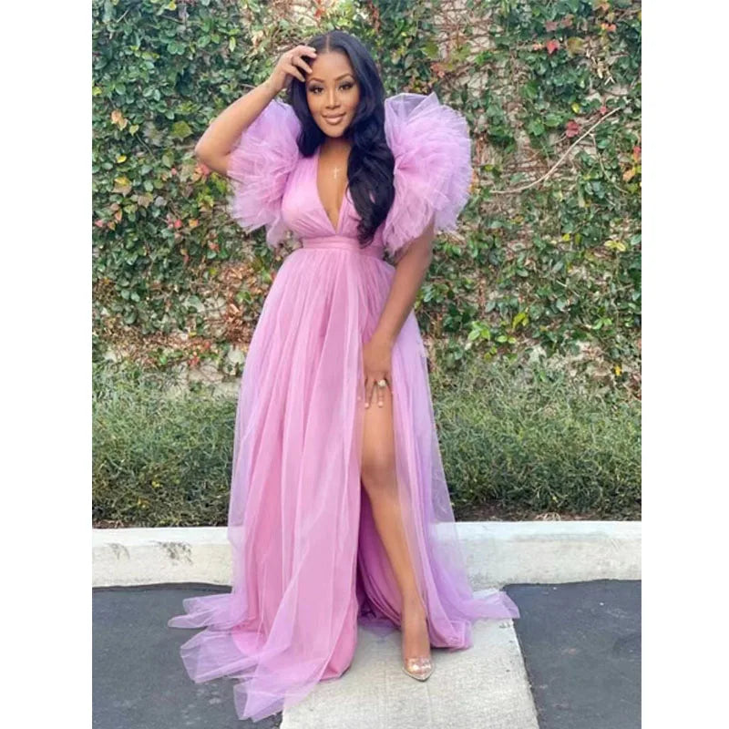 Fuchsia Sexy Split Long Tulle Women Prom Dress A-line Summer Elegant Evening Birthday Party Gown