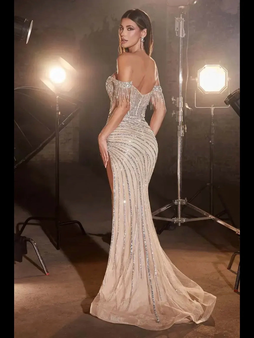 Ladies Sexy Evening Dress Off Shoulder With Tassel Elegant Beaded  Long Prom Dress