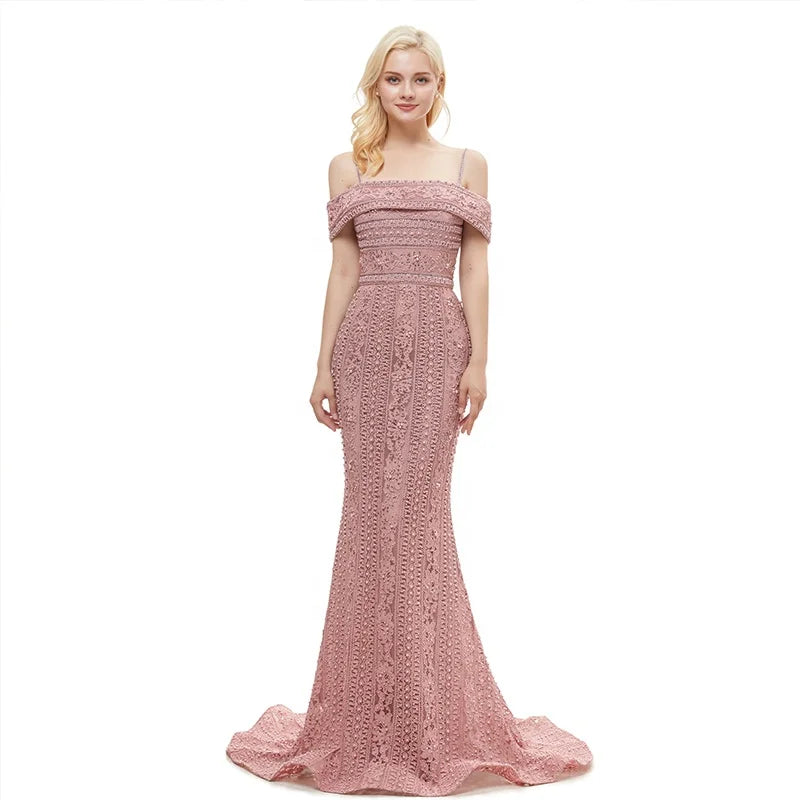 Pink Off Shoulder Lace Appliqued Mermaid Prom Elegant Beading Women Long Formal Evening Dress