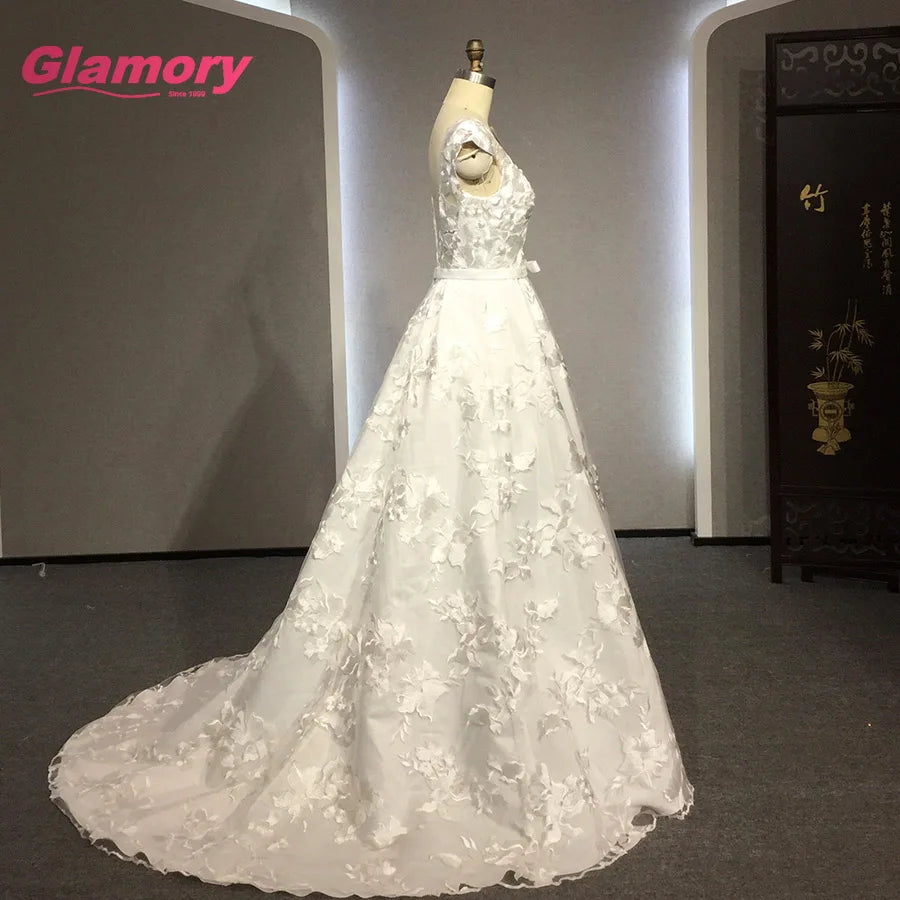 Wlhite 3D Flower Bridal Gown High Quality Sweetheart Wedding Dress Lace Fabric With Belts Wedding Bride