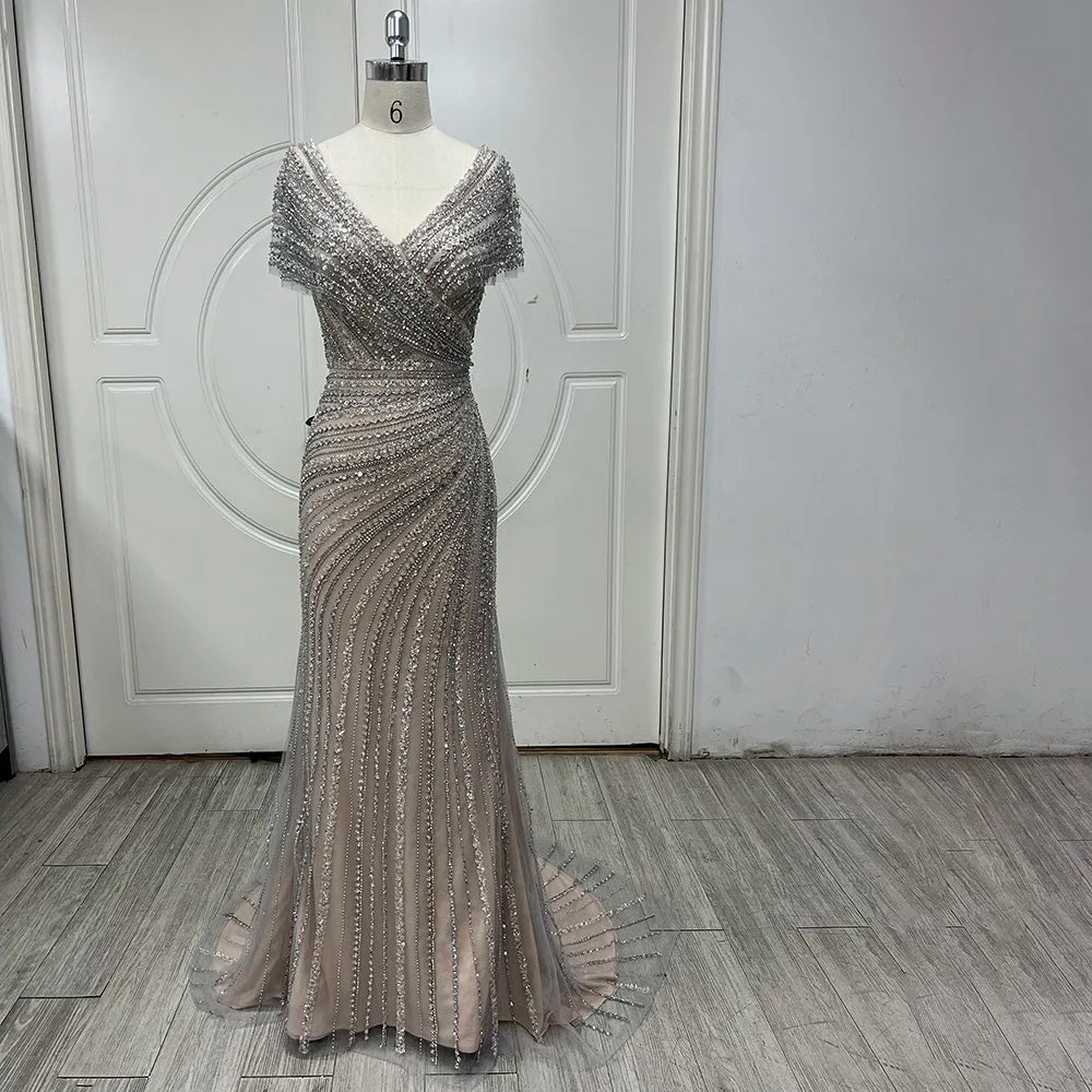 Silver Nude Mermaid Evening Gowns for Women 2023 Dubai Luxury Beading Sparkle Sleeveless Sexy Formal Dress