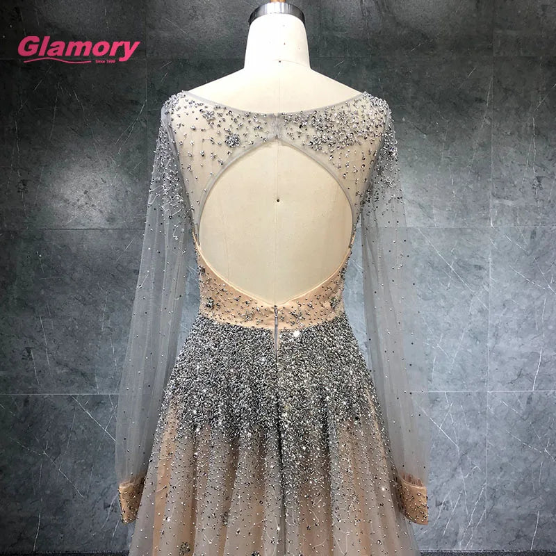 Hot Sale Korean Luxury Long Sleeves Prom Gown V Neck Party Evening Dress