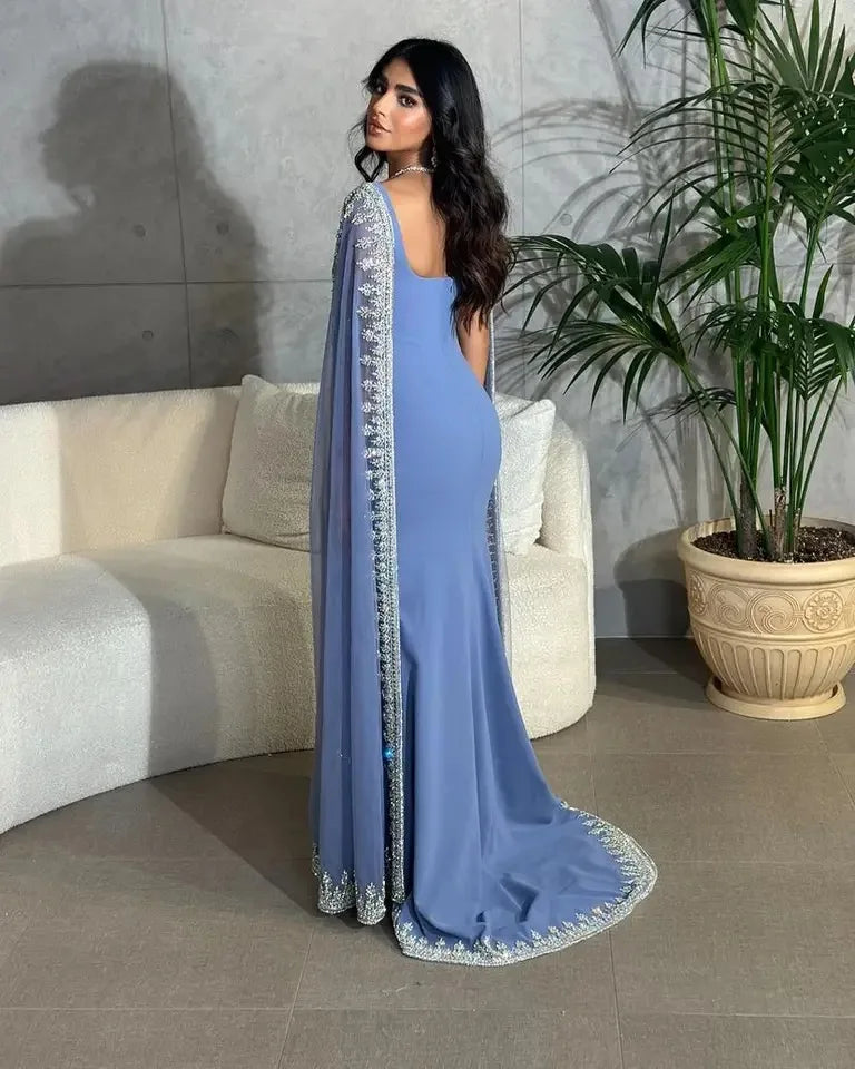 Fog Blue Cape Sleeves Luxury Pakistani Dress Gowns 2023 Mermaid Beaded Elegant for Women Party