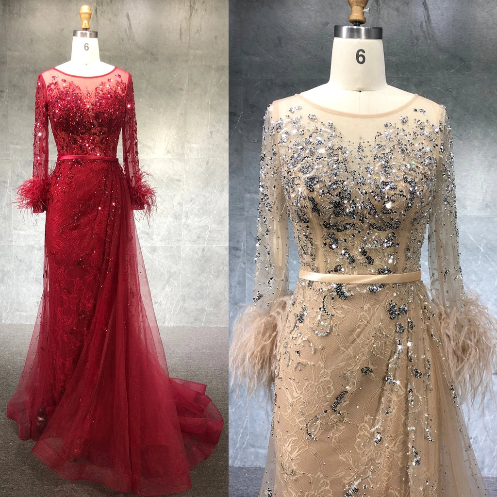 Champagne Long Sleeve Dress Beaded Feather Long Dress Elegant  Party Evening Gowns for Women