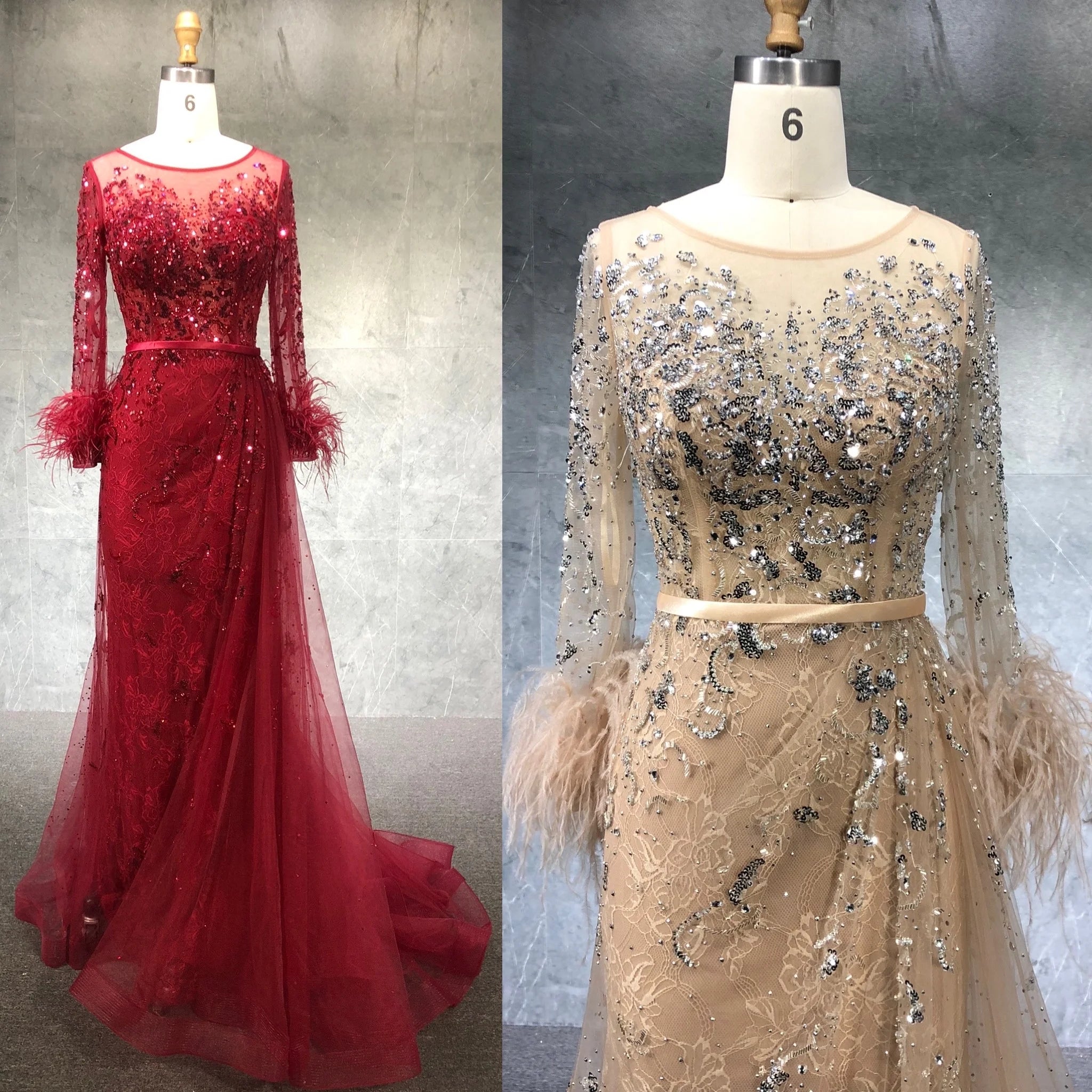 Champagne Long Sleeve Dress Beaded Feather Long Dress Elegant  Party Evening Gowns for Women