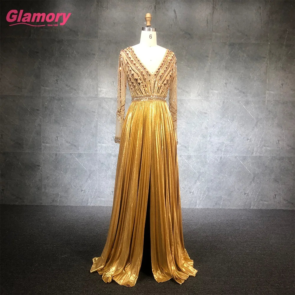 2021 New Collection Luxury Long-Sleeve V-Neck Party Gown for Fat Women Celebrity Sexy Evening Dress