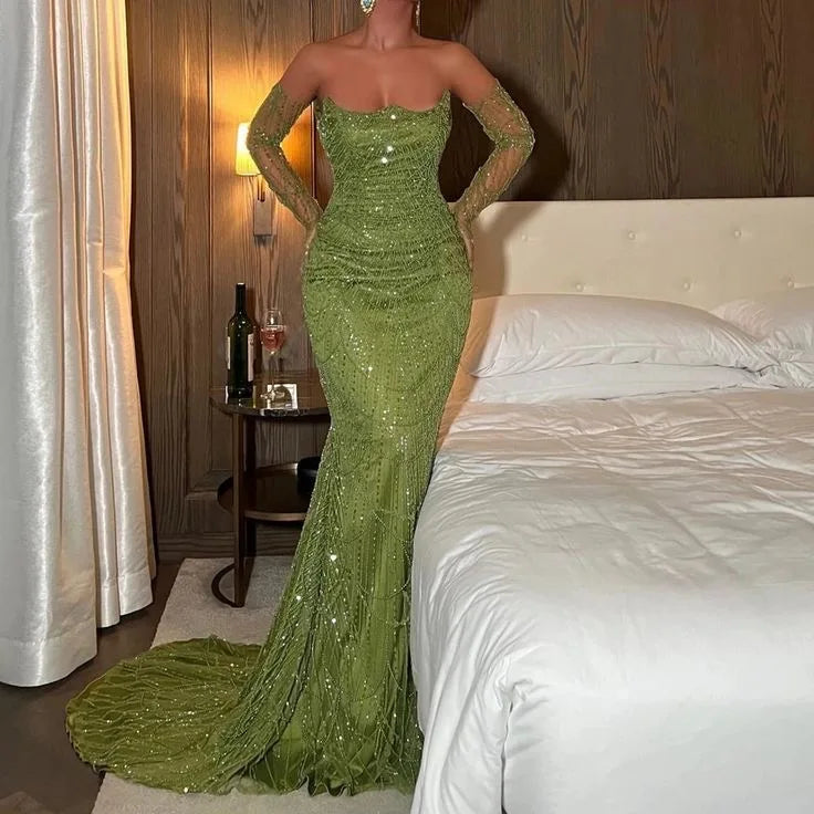 Green Strapless 2024 Mermaid Evening Dresses Formal Party Gowns With Gloves for Women Wedding Gowns