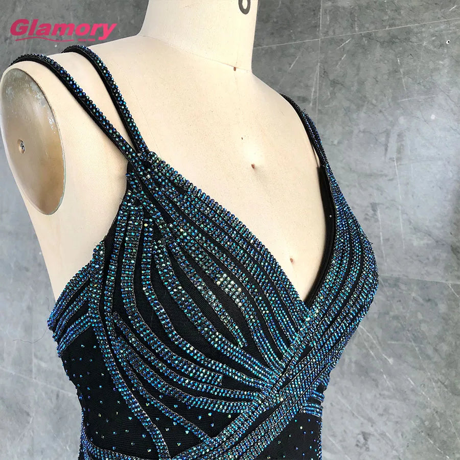 2020 Latest Design Crystal Black Color Sexy V Neck Luxury Prom Dresses Lady Elegant Party Evening Dress