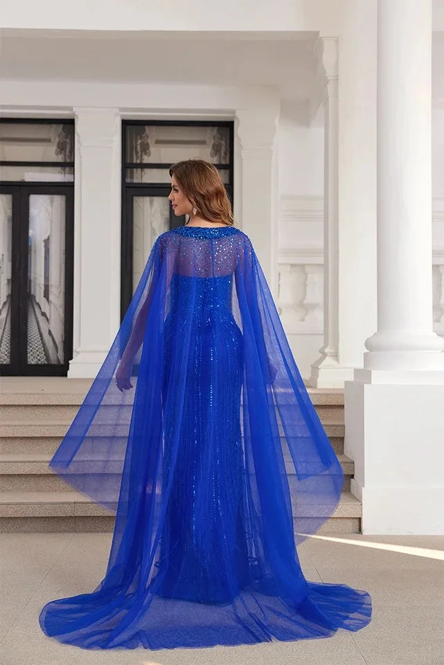 2025 Blue Luxury Dubai Beaded Lace Cape Sleeves Mermaid Evening Gown for Women Wedding Party Dresses