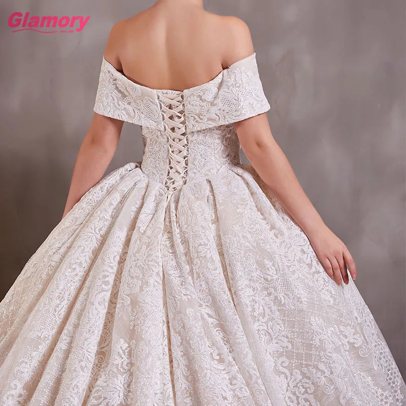Newest Breast Wedding Dress With Train Gorgeous Lace Luxury Long Off Shoulder Wedding Dress