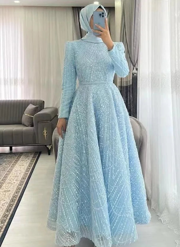 Muslim Glitter Sequined Evening Dresses Organza Formal Party Prom Gowns Long Sleeves Luxury Dubai Vestido De Fiesta