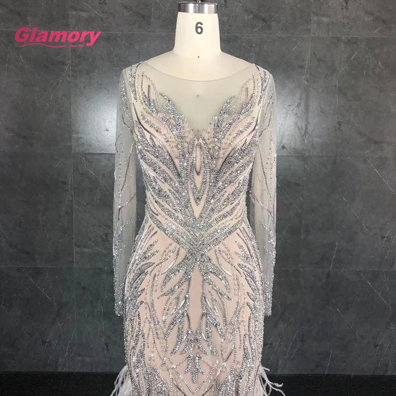 Nude  Feather Dress Sparkly Beading Sexy Party Wear Gowns Long Mermaid Formal Evening Dresses for Women