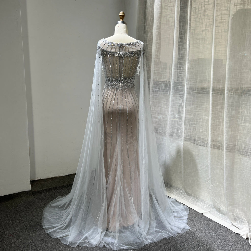 Luxury Silver Nude Elegant Mermaid Evening Dresses Gowns 2023 Feathers With Cape Sleeves Beaded for Women Party