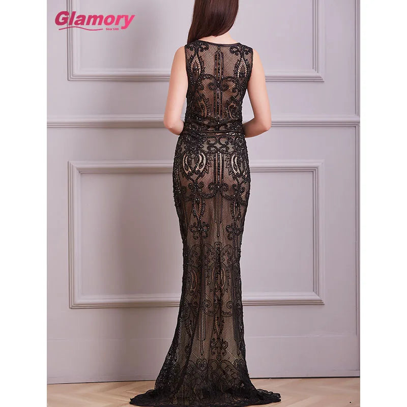 Women Sexy Translucent Black Dresses V-neck Sleeveless Bodycon Long Dance Party Cocktail Evening Dress