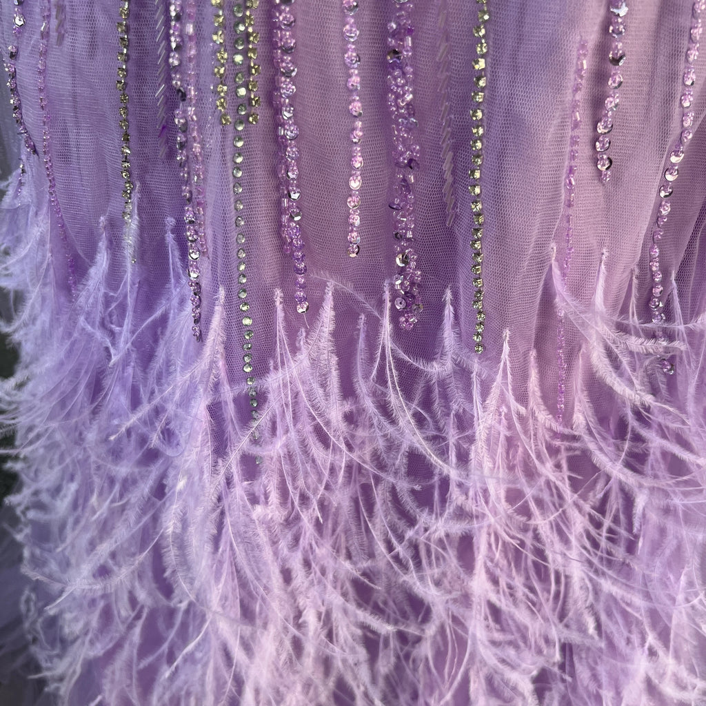 Luxury Dubai Lilac Feathers Beaded Cape Sleeves A-line Evening Gown for Women Wedding Party Dresses