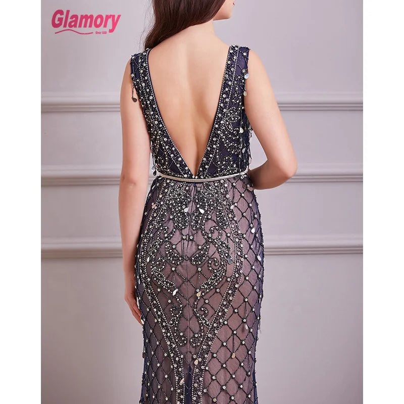 Dark Bule Customized Luxury Full Crystal Sexy Transparent Formal Evening Dresses Ladies Gown Dress