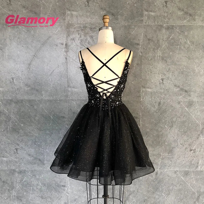 Hot Sale Club Party Dress Black Lace Applique Deep V Neck Sexy Backless Big Size Above Knee Mini Evening Dresses