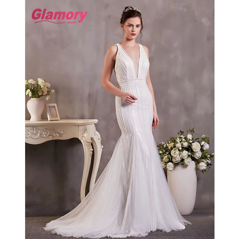Whit Bridal Gowns v Neck Sleeveless Mermaid Lace Wedding Dresses Made in China