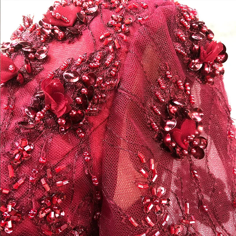 Burgundy One Shoulder Sexy Evening Handmade Flowers a Line Satin Prom Dress Ladies Long Formal Gown