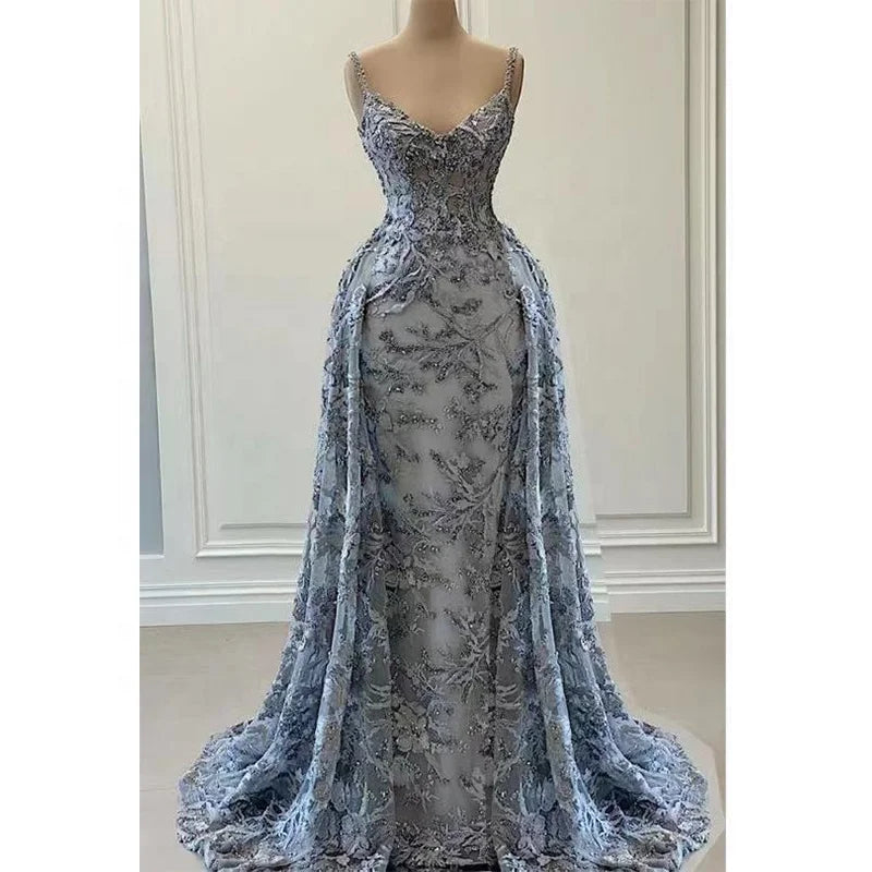 Gray Fashion Style V-Neck Party Gown Sleeveless Beading Embroidery Evening Dresses