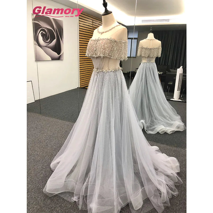 Hot Sale Evening Dresses Light Blue Short Sleeve a Line Party Wear Crystal Beaded Tulle Sexy Prom Dress