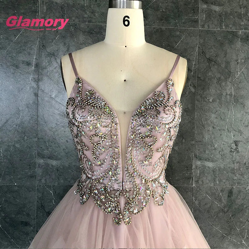 2020 Summer Crystal Beaded Spaghetti Tulle Sexy Backless Evening Plus Size Graduates Prom Dresses