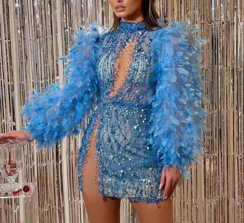 Luxury Feather Sexy Beaded Shiny Rhinestone Nightclub Breast Sexy Body Dress Blue