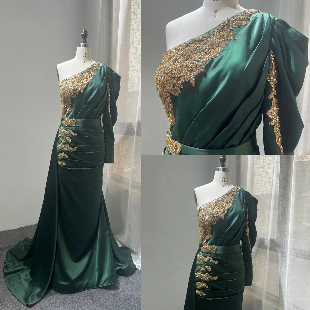Modest One Shoulder Satin Evening Dresses 2022 Women Trumpet/Mermaid Handmade Beading Evening  Gowns