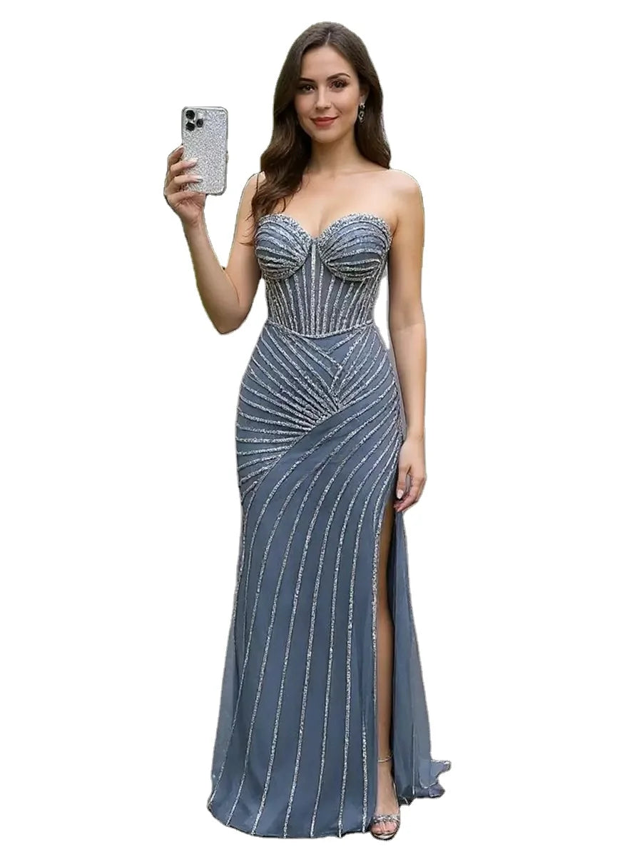 Smoky Blue Strapless Mermaid Hand Pleated Corset Crystal Embellished Sparkling Formal Prom Gala Dress