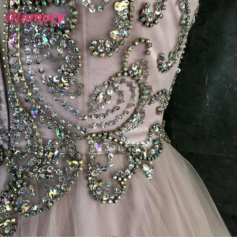 2020 Summer Crystal Beaded Spaghetti Tulle Sexy Backless Evening Plus Size Graduates Prom Dresses