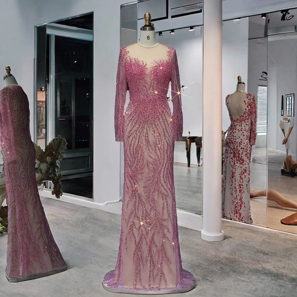 Luxury Evening Dresses for Women Dubai Mermaid Wedding Party Gowns Long Sleeves Sweep Floor-Length