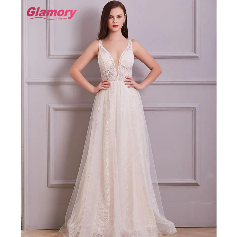 White Dresses Long Sexy See Through Glitter Tulle Prom Floor Length Evening Dress for Women