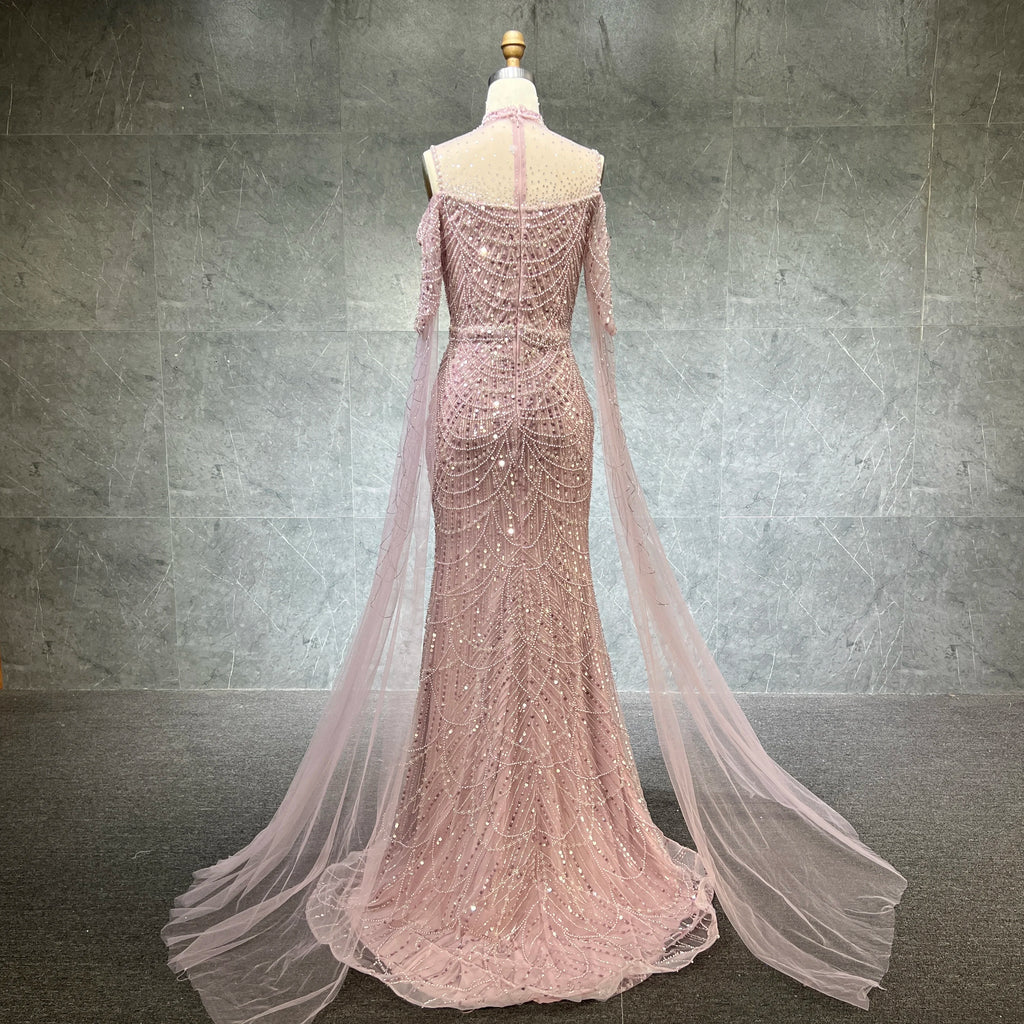Luxury High Neck Mermaid Evening Dresses With Cape Heavy Pearls Women Wedding Formal Party Gown Stock