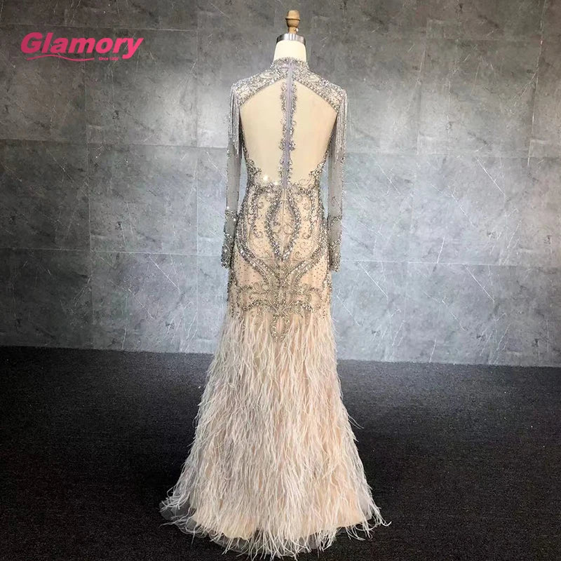 2020 New Style Luxury High Neck Long Sleeve Beading Feather Elegant Mermaid Evening Dress