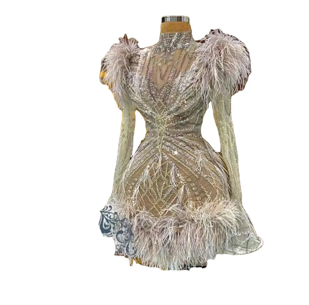 Luxury Feather Sexy Beaded Shiny Rhinestone Nightclub Breast Jewelry Rhinestone Sexy Body Dress