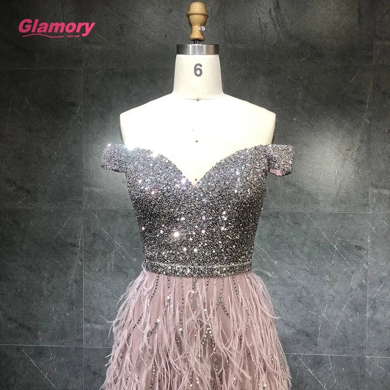 Hot Selling Sexy Woman Beading Prom Dresses Off Shoulder Feather Lady Evening Gowns