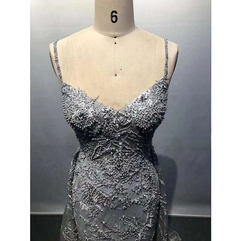 Gray Fashion Style V-Neck Party Gown Sleeveless Beading Embroidery Evening Dresses
