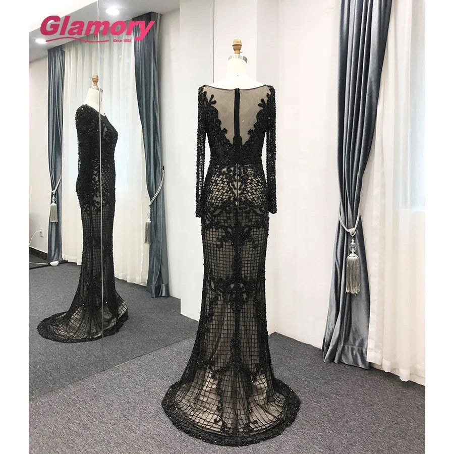 Latest Sleeve Black Dresses Dubai Womens Long Mermaid Prom Luxury Beading Evening Dress