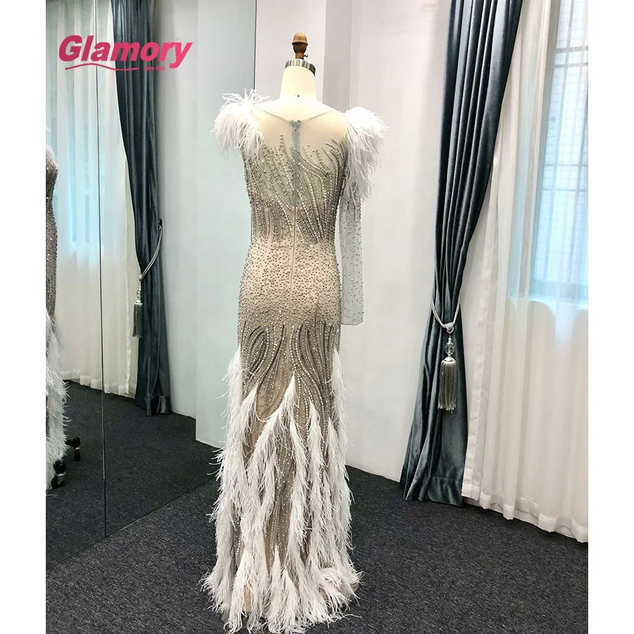 One Shoulder Tirkish Evening Champagne Muslim Prom Dress With Beaded Feather Ball Gown Dresses