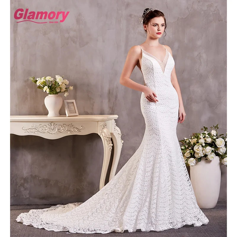 Mermaid Deep v Neck Lace Spaghetti Straps Wedding Dress Cheap Bride Dress Made in China