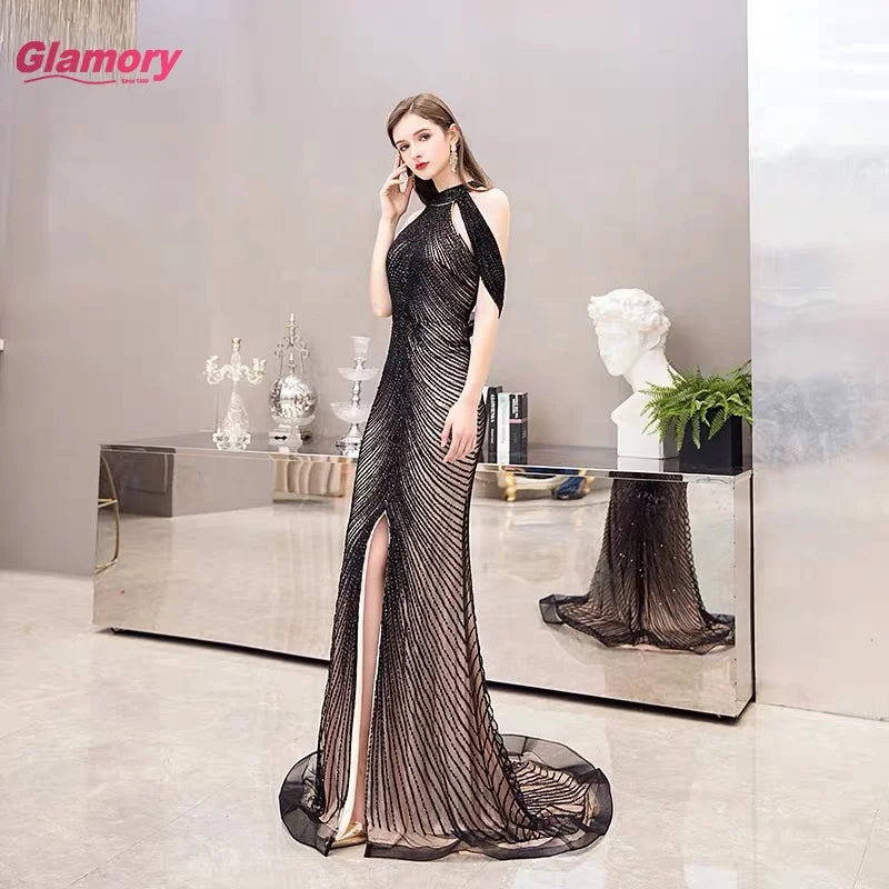 Elegant 2021 Women Ladies Halter Neck Beaded Luxury Front Slit Chaozhou Evening Dresses